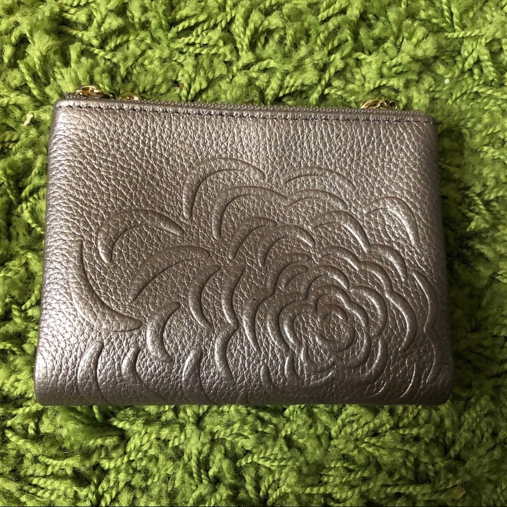 Metallic vegan leather zipper wallet w/ flower